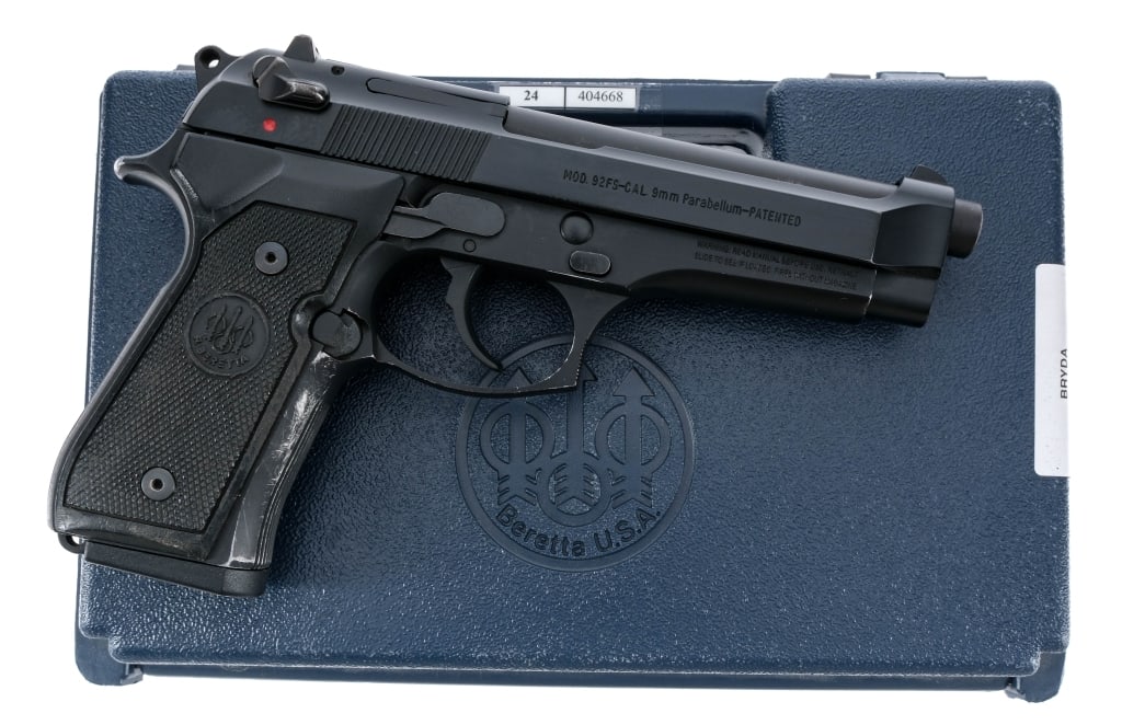 Beretta 92FS 9mm Semi Auto Pistol: Description Beretta 92FS chambered in 9mm with one, ten round magazine and a 4.9" barrel. Black finished anodized aluminum frame with checkered polymer grips. Double/single action trigger and hammer. 