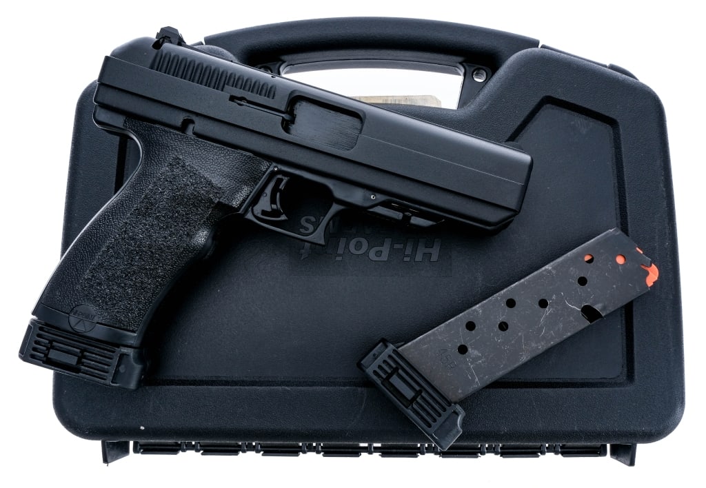 Hi-Point JHP .45 ACP Semi Auto Pistol: Description Hi-Point JHP chambered in .45 ACP with two, nine round removable magazines and a 4.5" barrel. Textured polymer frame with under barrel accessories rail. After market grip tape installed on