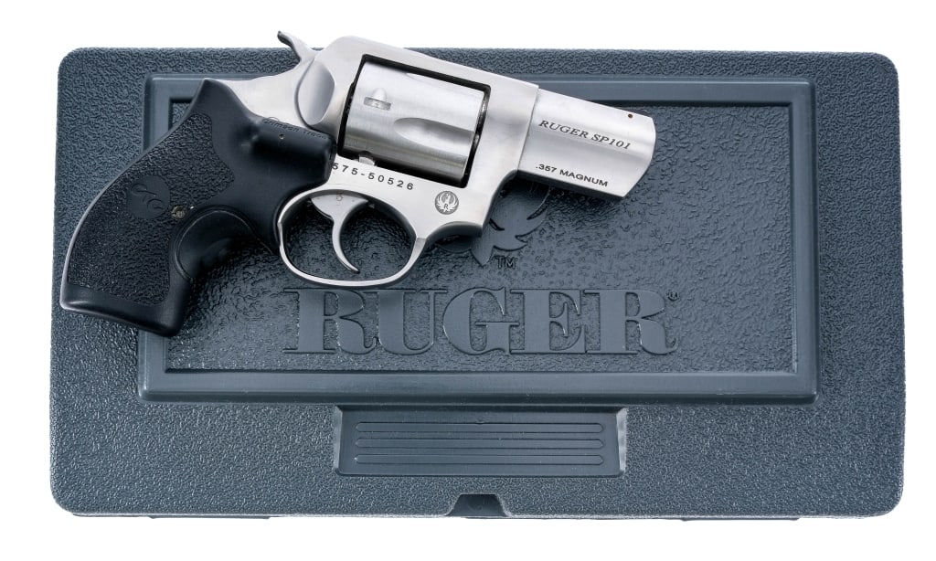Ruger SP101 Crimson Trace .357 Magnum Revolver: Description Ruger SP101 chambered in .357 Magnum with a five-shot cylinder and a 2 1/4" snub nose barrel. Manufactured in 2014 with serial number 575-50526. Stainless steel barrel, frame fluted cylind