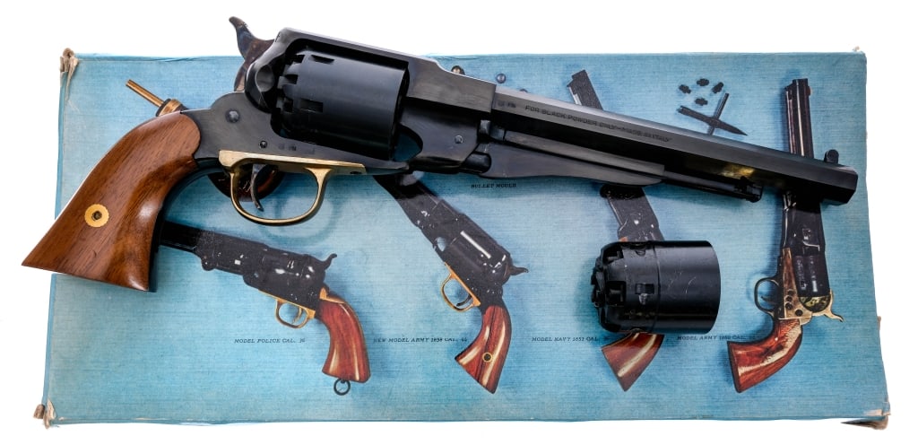 Pietta 1858 Remington Army .44 Cal BP Revolver: Description Pietta 1858 Remington Army chambered in .44 Caliber with a six-round cylinder and a 8" octagonal barrel. Blued barrel, ram rod, frame, and cylinder. Brass trigger guard. Case colored singl