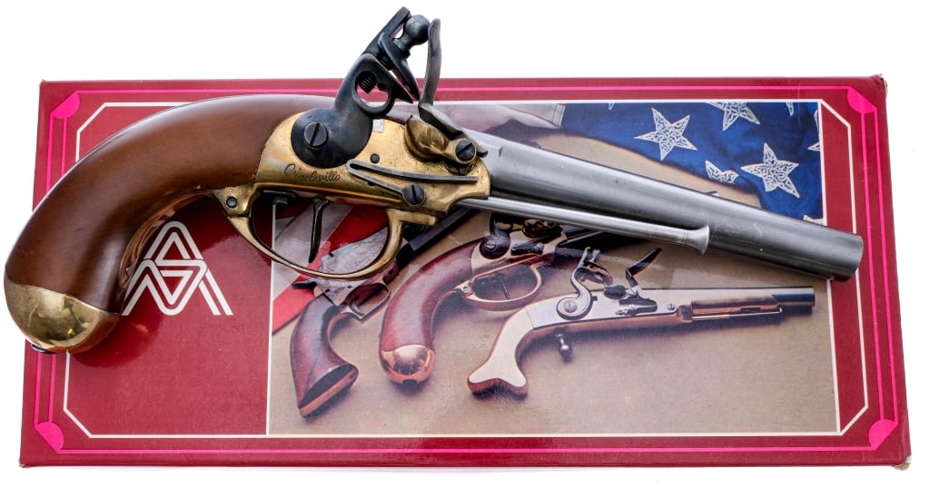 ASM 1777 Charleville Flintlock Pistol .69 Cal: Description Armi San Marco 1777 Charleville Flintlock pistol chambered in .69 caliber with a 7" round barrel. Steel barrel, ram rod, and belt clip. Brass frame, trigger guard, and pan. Smooth wood gri