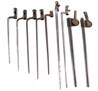 Spike Bayonets 9 Pcs Lot Bayonet: Description This lot is for seven bayonets and two scabbards. Includes seven assorted U.S. and European spike/socket bayonets and two U.S. marked scabbards. One U.S. marked scabbard has a Rock Island