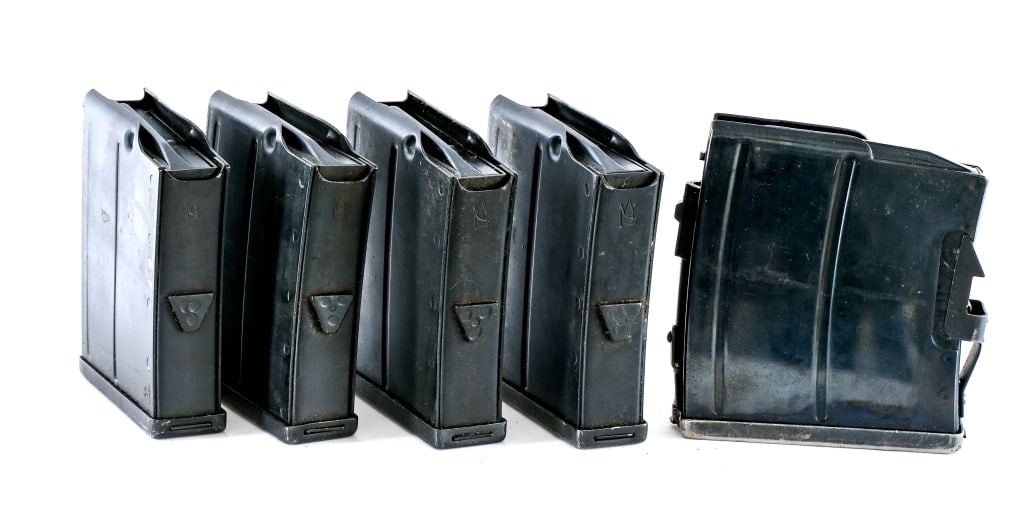 Egyptian Hakim/Swedish AG-42 Mags 8mm/6.5x55mm: Description This lot is for five magazines for Egyptian Hakim rifles and Swedish AG-42 rifles. Four of the magazines are Egyptian made Hakim magazine chambered in 8mm Mauser with Egyptian Unified Crow