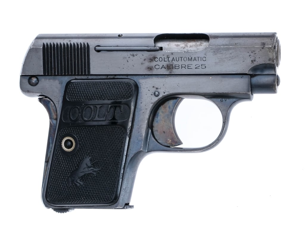 Colt 1908 Vest Pocket .25 ACP Semi Auto Pistol: Description Colt 1908 Vest Pocket chambered in .25 ACP with one, six round magazine and a 2" barrel. Manufactured in 1923 with serial number 331013. Blued steel frame with serrated heel magazine relea