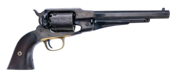 Remington 1858 New Army .44 Cal BP Revolver: Description Remington 1858 New Model Army chambered in .44 Caliber with a six-shot cylinder and a 8" octagonal barrel. Blued barrel, ram rod, frame, cylinder, and single action trigger. Brass trigger
