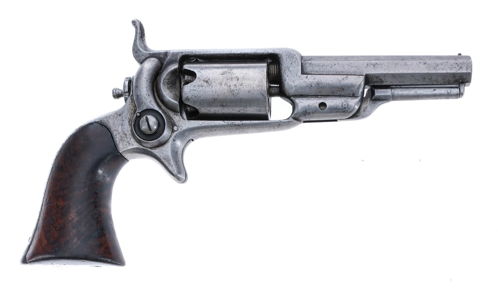 Colt 1855 Side Hammer Root .28 Cal Revolver: Description Colt 1855 Side Hammer Root chambered in .28 Caliber with a five-shot cylinder and a 3.5" octagonal barrel. Manufactured in 1860 with serial number 22993. In the white barrel, rod, frame, c