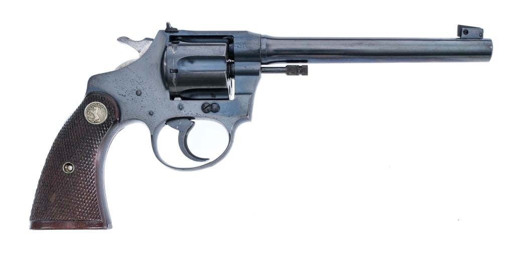 Colt Police Positive Target .22 LR Revolver: Description Colt Police Positive Target chambered in .22 Long Rifle with a six-shot cylinder and a 6" barrel. Manufactured in 1933 with serial number 40350. Blued barrel, frame, fluted cylinder, doubl