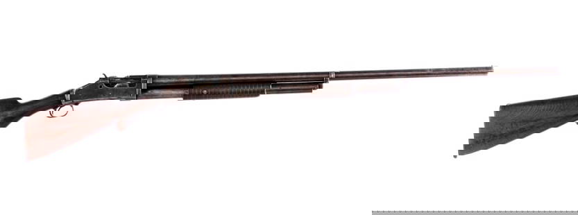 Antique Winchester 1893 12 Ga Pump Action Shotgun: Description Winchester 1893 chambered in 12 gauge for 2 3/4" shells with a 30" barrel. Fixed cylinder choke. Serial number B*4331. Patinated blued barrel, magazine tube, receiver, trigger, and hammer.
