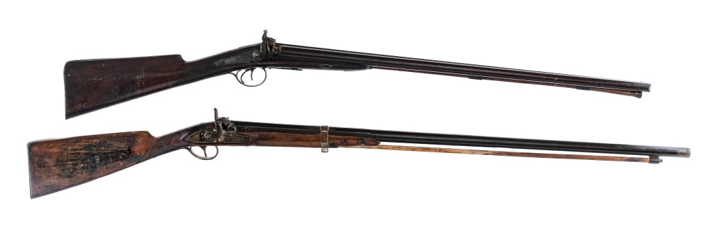 Antique Black Powder Rifle/Shotgun Combo Lot: Description This lot is for two percussion long guns. First is a Percussion rifle of an unknown make with a 36" round/octagonal barrel. The bore measures to around 17.5mm, likely 69 caliber. Patinated