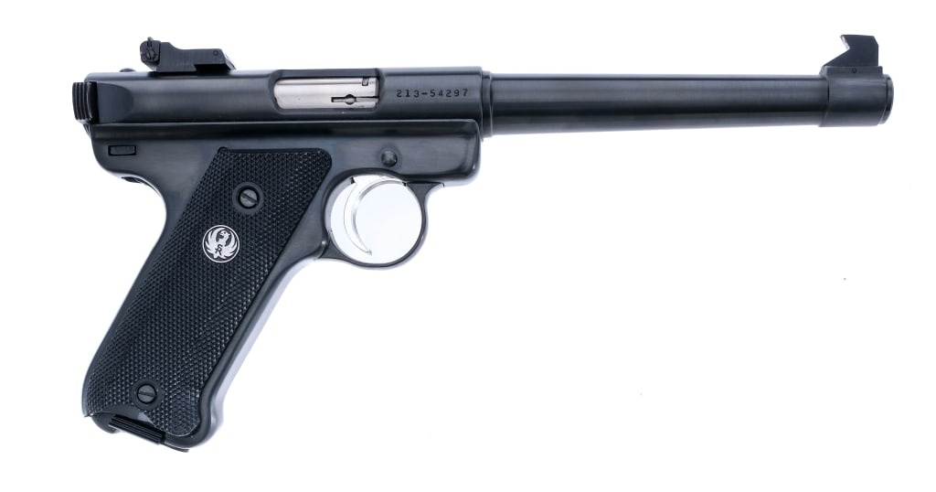 Ruger MK II Target .22 LR Semi-Auto Pistol: Description Ruger MK II Target chambered in .22 long rifle with one, ten round removable magazines and a 7" barrel. Manufactured in 1988 with serial number 213-54297. Blued steel frame with checkered 