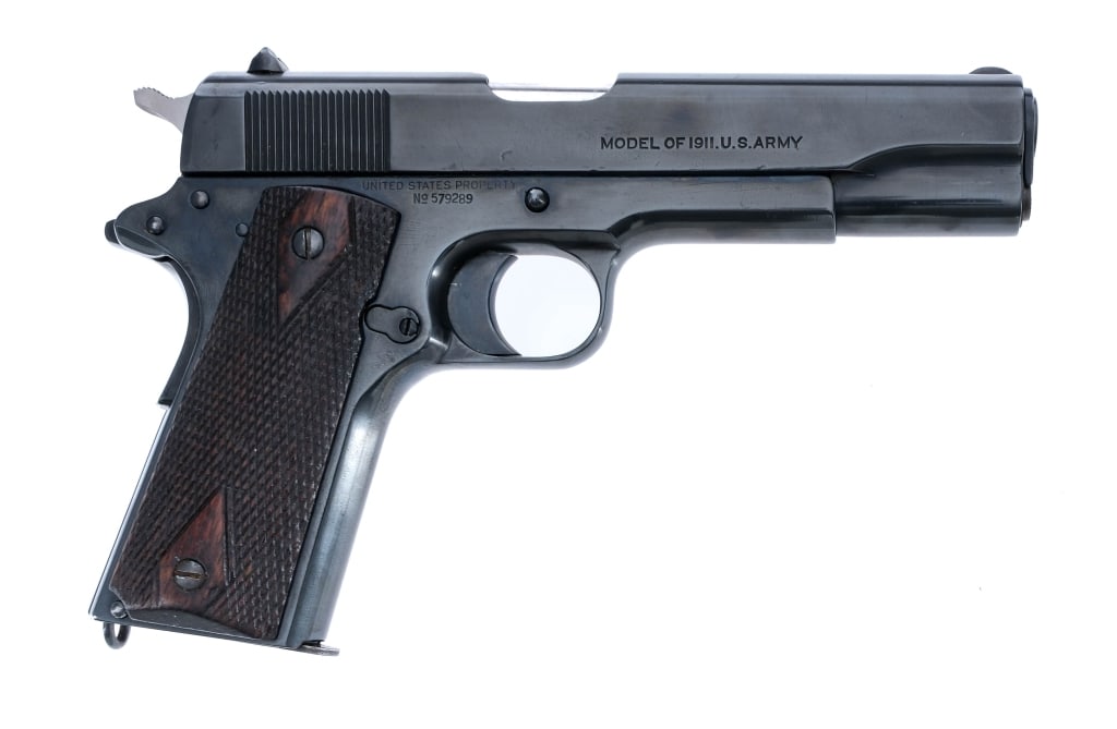 Colt 1911 U.S. Army .45 ACP 1918 Semi Auto Pistol: Description Colt United States Property Model 1911 U.S. Army ( Refinished ) in .45 ACP with one, seven round removable magazine and a 5" barrel. Made in Hartford Connecticut in 1918. Checkered wood gr