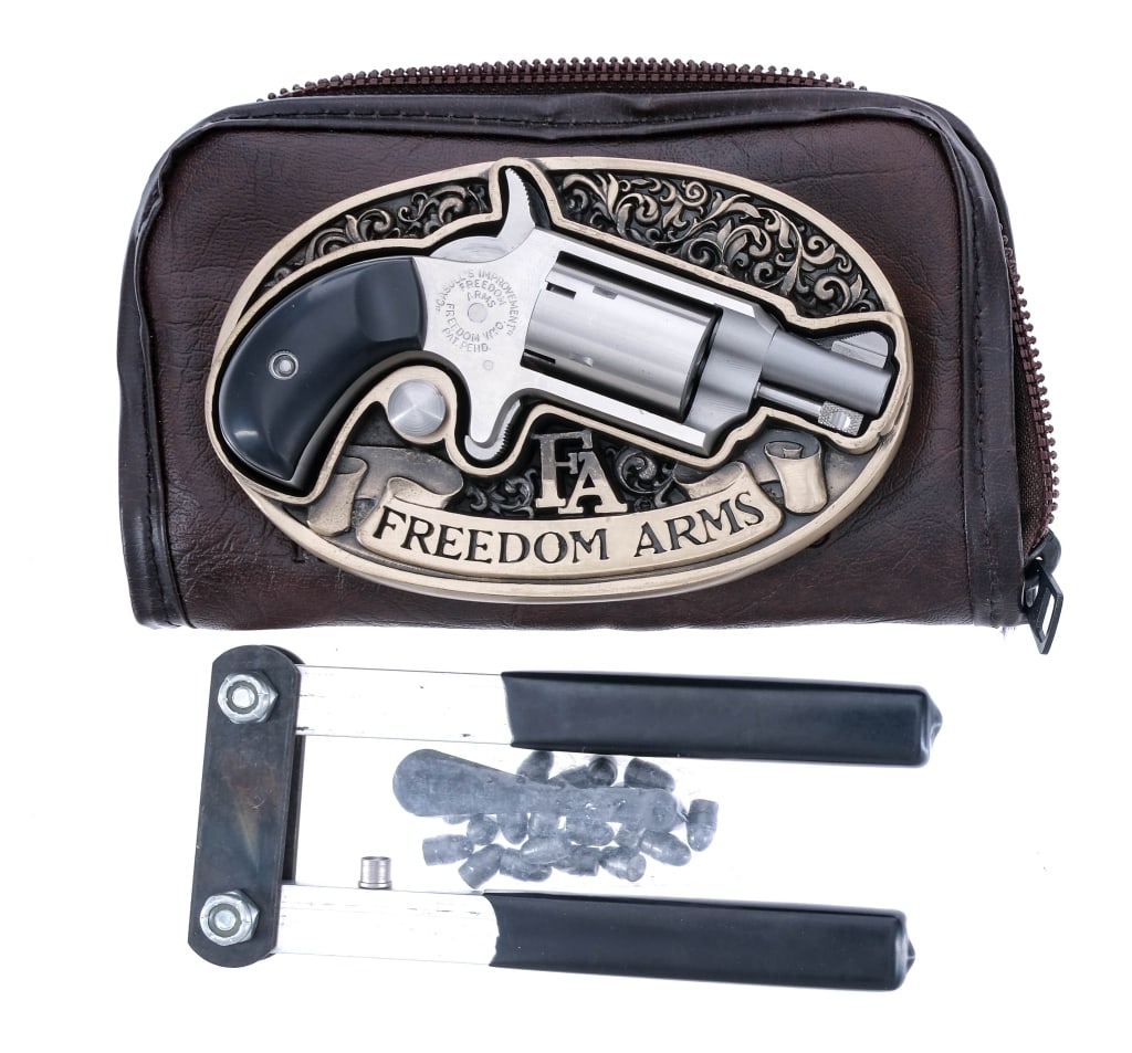 Freedom Arms Casulls Improvement .22 BP Revolver: Description Freedom Arms Casulls Improvement black powder cap & ball revolver in .22 caliber with a five round capacity and a 1.25" barrel. Smooth black composite grip plates. Polished stainless steel