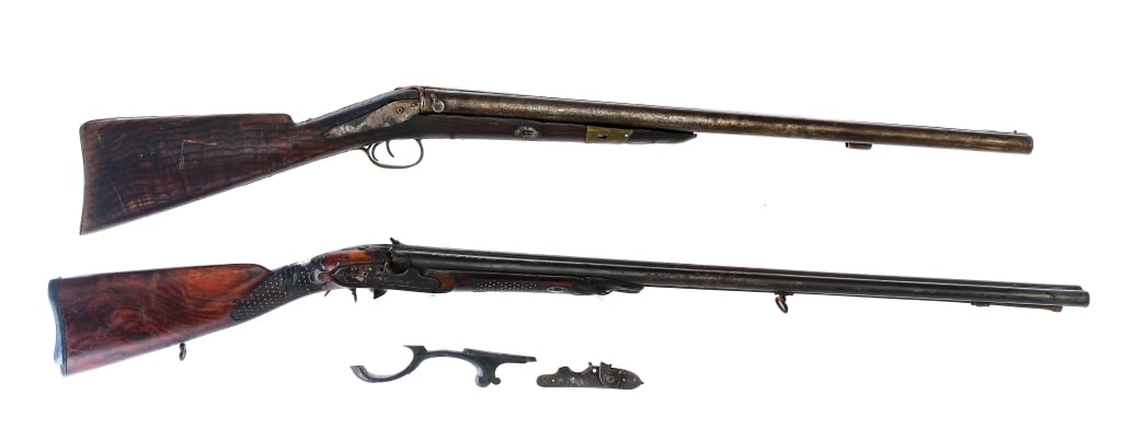 Shotguns 10/12Ga 2 Pcs Lot Side by Side Shotgun: Description Unknown maker French side by side black powder muzzle loading shotgun in 12 gauge with a two round capacity and a 33" barrel. Black composite butt plate. Carved stock and front forend. Inl