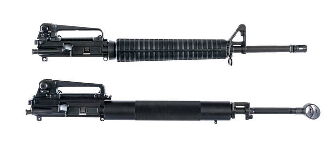 Colt and Bushmaster HBAR Upper Receivers 5.56x45mm: Description This lot is for two HBAR upper receivers, chambered for 5.56x45mm NATO. First is a Colt with a 20" 1/9 twist barrel. Front A2 style birdcage flash hider. Front A2 style gas block with adju