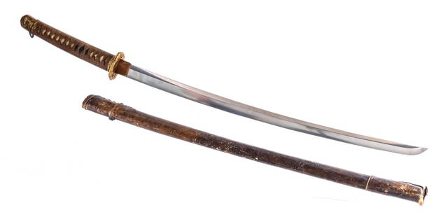 Japanese Shin Gunto Style Sword: Description Japanese Katana/Shin Gunto Type sword with a 25.5" cutting blade length and a leather wrapped wooden scabbard ( Saya ). Made in Japan with a unknown maker double sided Mei mark on the tang