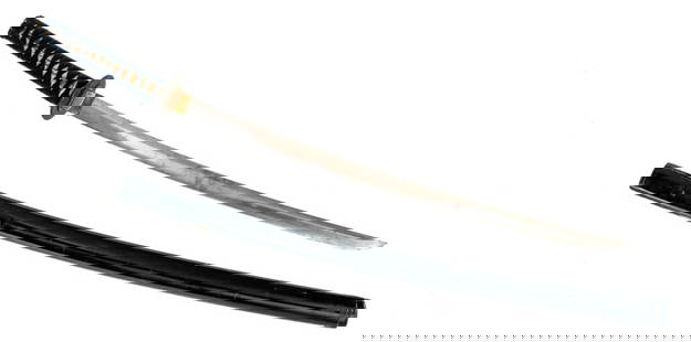 Wakizashi Mumei Japanese Sword / Katana: Description Japanese Wakizashi Mumei ( No Name Sword ) unknown maker with a 23" cutting blade length and a black lacquered wooden scabbard ( Saya ). Overall blade tip to tang length is 29". Natural ra