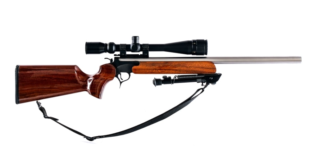TC Encore Custom .17 Ackley Hornet Rifle: Description Thompson Center Encore Custom Rifle in .17 Ackley Hornet with a single round capacity and a 24" Bullberry Heavy Bull barrel. Rubber butt pad. Smooth wood stock and front forend. Blued hand
