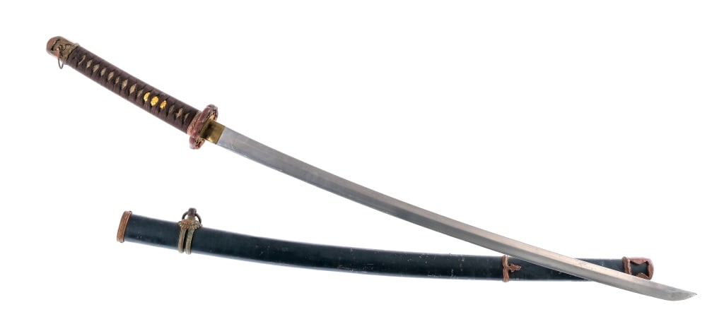 Japanese Shin Gunto Type Sword: Description Imperial Japanese Army Type 98 style Katana/Shin Gunto unknown/unmarked maker with a 25.5" blade. Comes in a painted military metal scabbard ( Saya ) with brass hangers and end cap. Made i