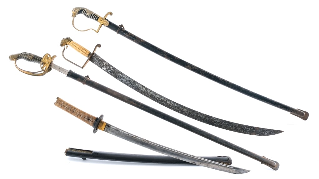 Estate Swords 4 Pcs Lot Blades Sword: Description This lot is for four swords. German Third Reich Officers Sword made by Carl Eickhorn and sold by W&L Schebben Uniformen Aachen with a 30.75" blade. 36" overall length outside scabbard and 