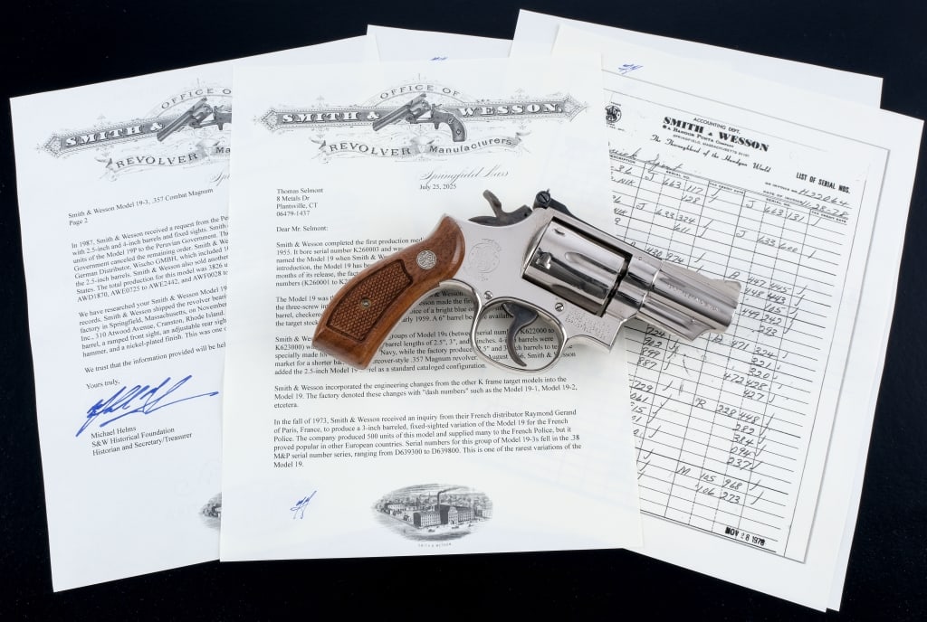 Lettered S&W 19-3 .357 Magnum Revolver: Description Smith & Wesson 19-3 chambered in .357 Magnum with a six-shot cylinder and a 2.5" pinned and recessed barrel. Manufactured in 1977 with serial number 17K6456 and delivered on November 28, 1