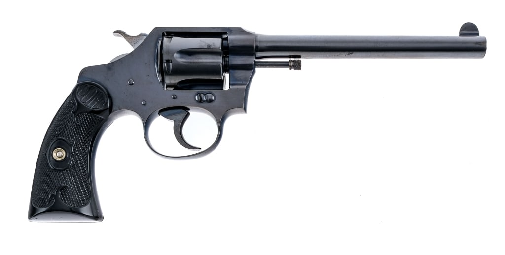 Colt Police Positive .32 New Police DA Revolver: Description Colt Police Positive Target in .32 New Police with a six round capacity and a 6" barrel. Made in Hartford Connecticut in 1923. Checkered black composite grip plates. Blued frame, trigger,