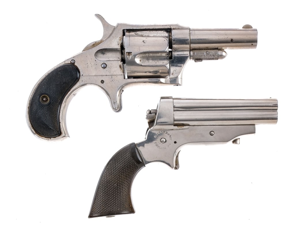 E.Remington/C.Sharps Antique RF Pistol Lot 2Pcs: Description This lot is for two antique rimfire handguns. First is a Remington No. 4 Revolver chambered in .38 Rimfire with a five-shot cylinder and a 2.5" barrel. Nickel finished barrel, frame, flute