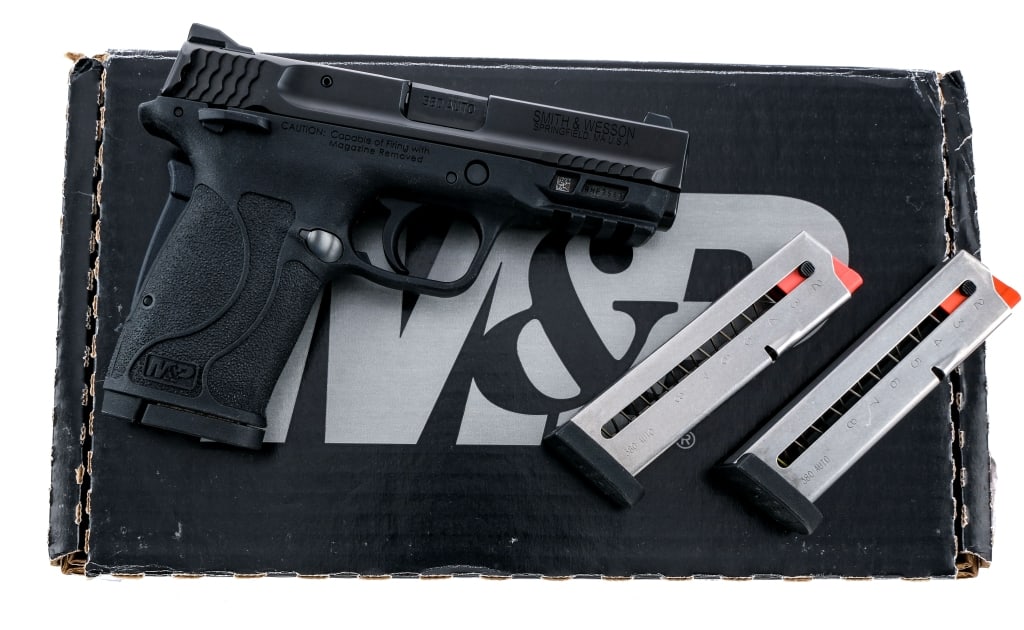 S&W M&P 380 Shield EZ M2.0 .380 Semi Auto Pistol: Description Smith & Wesson M&P 380 Shield EZ M2.0 chambered in .380 ACP with three, eight round magazines and a 3.68" barrel. Textured polymer frame with picatinny under barrel accessories rail. Polym