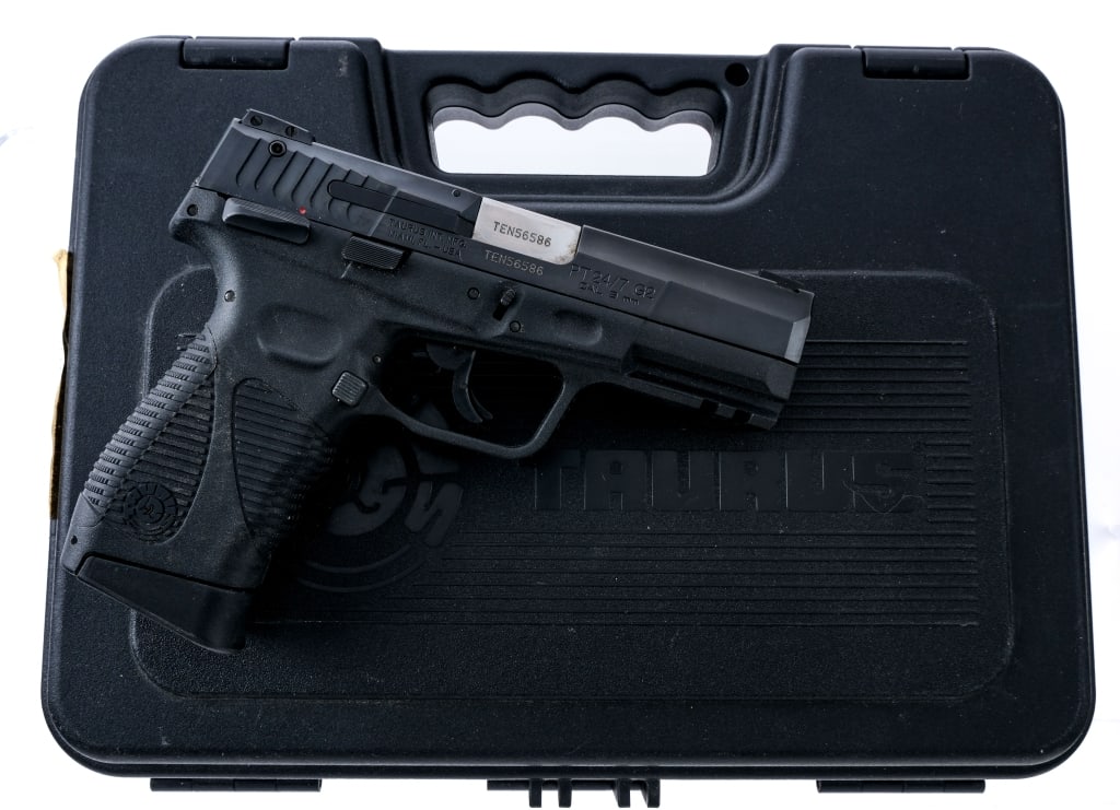 Taurus PT 24/7 G2 9mm Semi Auto Pistol: Description Taurus PT 24/7 G2 in 9mm with one, seventeen round removable magazine and a 4" barrel. Made in Brazil. Serrated composite grip and frame. Composite trigger with safety. Blued serrated slid