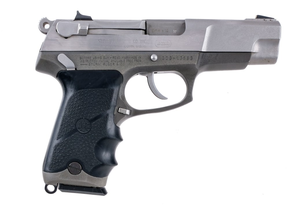Ruger P85 MK II 9mm Semi Auto Pistol: Description Ruger P85 MK II chambered in 9mm with one, fifteen round removable magazine and a 4.5" barrel. Manufactured in 1991 with serial number 303-13683. Matte gray finished alloy frame with pebbl