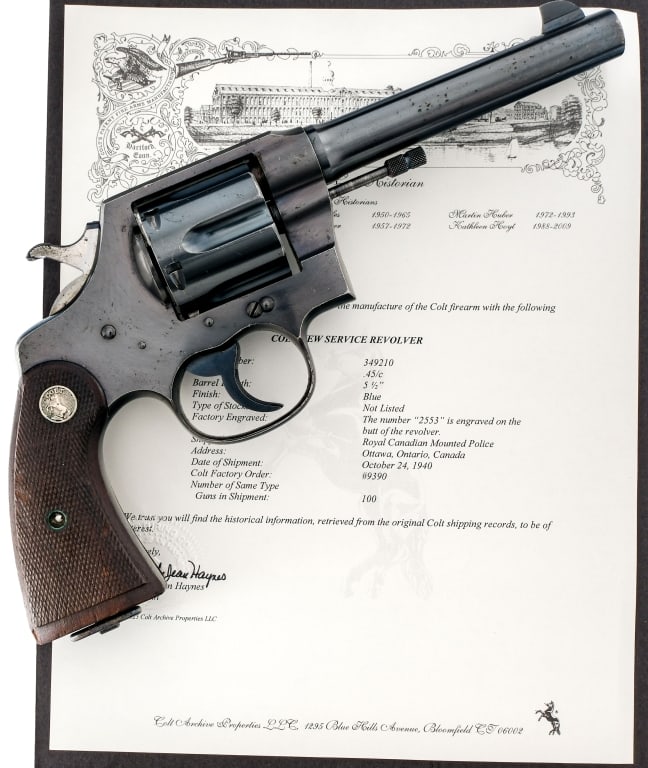 Royal Canadian Colt New Service MP .45 Revolver: Description Colt New Service in .45 Colt ( Long Colt ) with a six round capacity and a 5.5" barrel. Made in Hartford Connecticut in 1940 and shipped to the Canadian Royal Mounted Police in a shipment