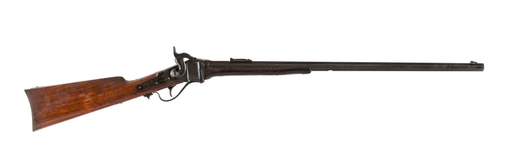 Sharps Model 1863 Converted Falling Block Rifle: Description Sharps model 1863 falling block rifle converted to .45-70 center fire. This example with "C" prefix serial number 44055 (144055) on the tang features a 28" octagon barrel with dovetailed f