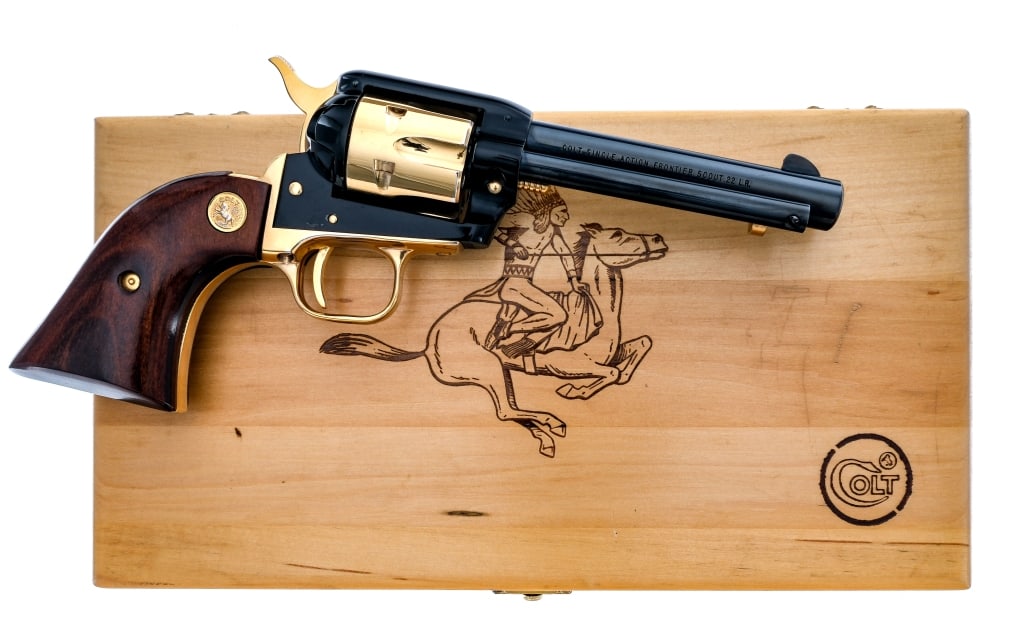 Colt Frontier Scout Oklahoma .22 LR SA Revolver: Description Colt Frontier Scout Oklahoma Diamond Jubilee 1890-1965 in .22 Long Rifle with a six round cylinder capacity and a 4.75" barrel. Colt smooth wood grip plates. Gold finished trigger guard, b