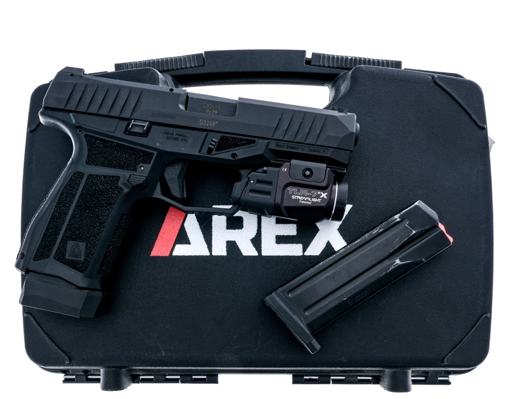 Arex Delta M Gen 2 9mm Semi Auto Pistol: Description Arex Delta M Gen 2 chambered in 9mm with two, fifteen round magazines and a 4" barrel. Manufactured in Slovenia and imported by Global Ordnance LLC, marked on the frame. Textured polymer f