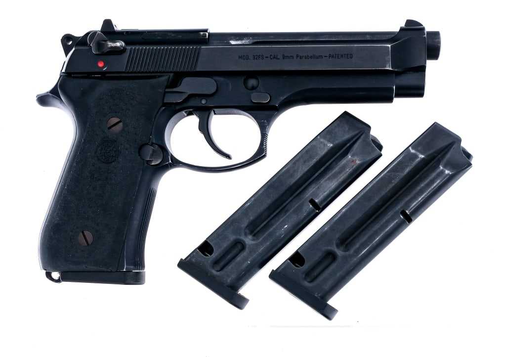 Beretta 92FS 9mm Semi Auto Pistol: Description Beretta 92FS chambered in 9mm with three, ten round magazines and a 4.9" barrel. Black finished anodized aluminum frame with pebble textured Hogue rubber grips. Double/single action trigge