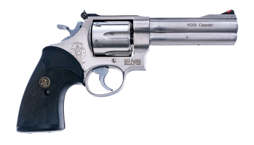 Smith & Wesson 629-3 Classic .44 Mag Revolver: Description Smith & Wesson 639-3 Classic chambered in .44 Remington Magnum with a six-shot cylinder and a 5" barrel. Stainless steel barrel, frame, fluted cylinder, and checkered cylinder release. Mat