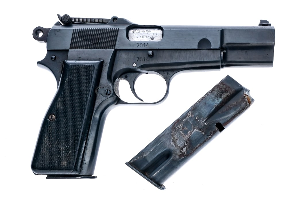 FN Browning Hi Power 9mm Semi Auto Pistol: Description Fabrique Nationale / Browning Hi-Power chambered in 9mm with two, thirteen round removable magazine and a 4.75" barrel. Made prior to 1954 with a four digit serial number. Checkered black 