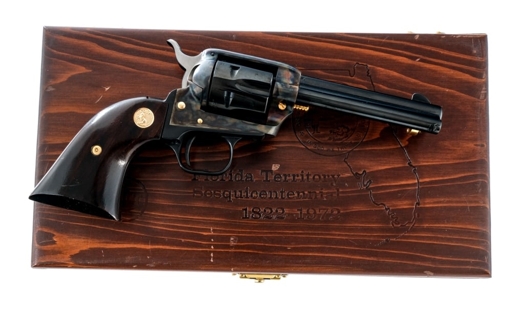Colt Florida Territory 1822-1972 .22 LR Revolver: Colt Florida Territory Sesquicentennial 1822-1972 Commemorative Revolver in .22 Long Rifle with a six round capacity and a 4.5" barrel. Former Colt Employee owned. Made in Hartford Connecticut in 1972