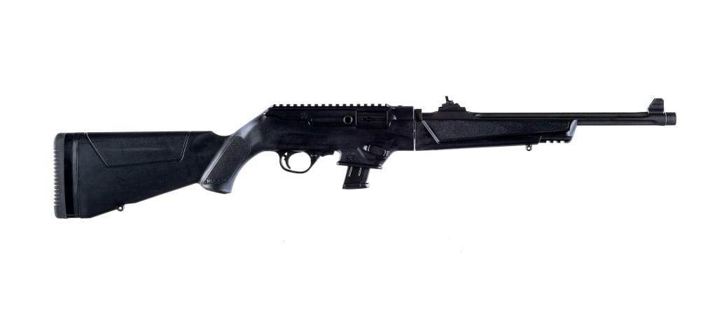 Ruger PC Carbine Take-Down 9mm Rifle: Ruger PC Carbine Take-Down in 9mm with one, ten round removable magazine and a 16" fluted barrel. Serrated rubber butt plate. Black composite stock and front forend. Matte blued receiver and barrel. S