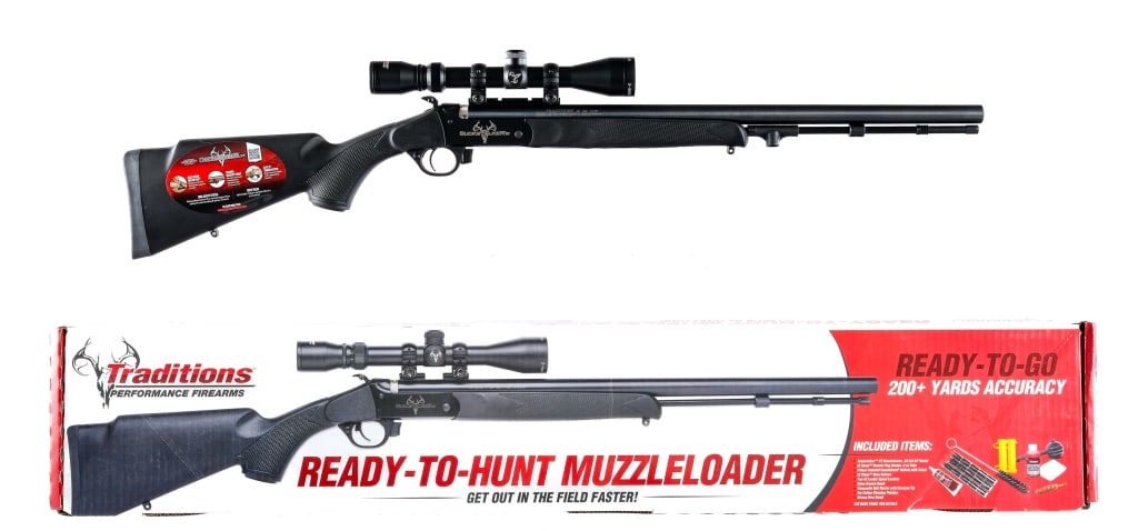 Traditions Buckstalker XT .50 BP Rifle: Traditions Buckstalker XT in .50 caliber with a single round capacity and a 24" barrel. Checkered composite stock. Black anodized receiver and blued barrel. Rear trigger guard push button safety. Unde