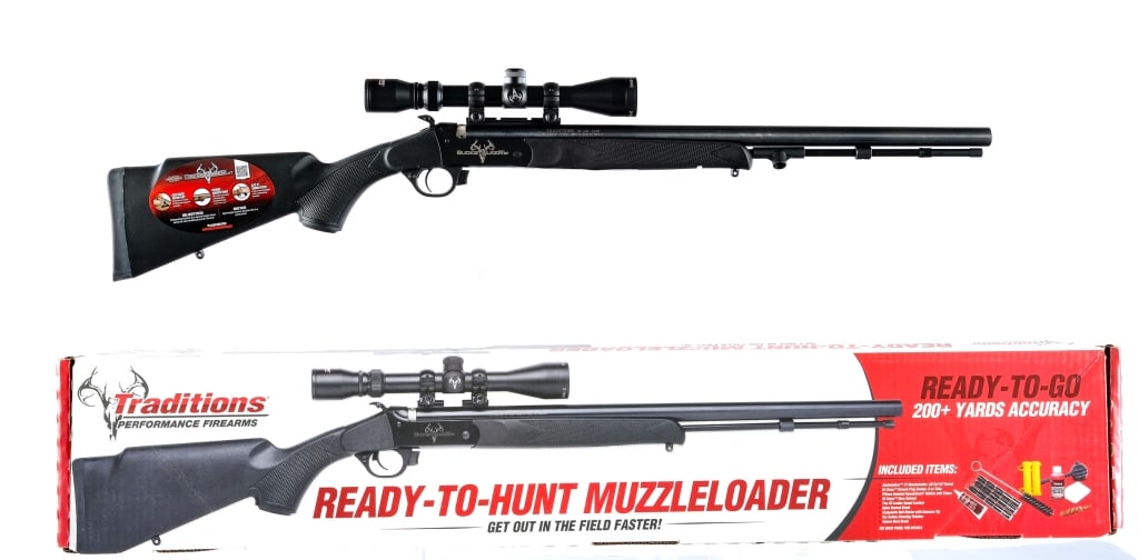 Traditions Buckstalker XT .50 BP Rifle: Traditions Buckstalker XT in .50 caliber with a single round capacity and a 24" barrel. Checkered composite stock. Black anodized receiver and blued barrel. Rear trigger guard push button safety. Unde