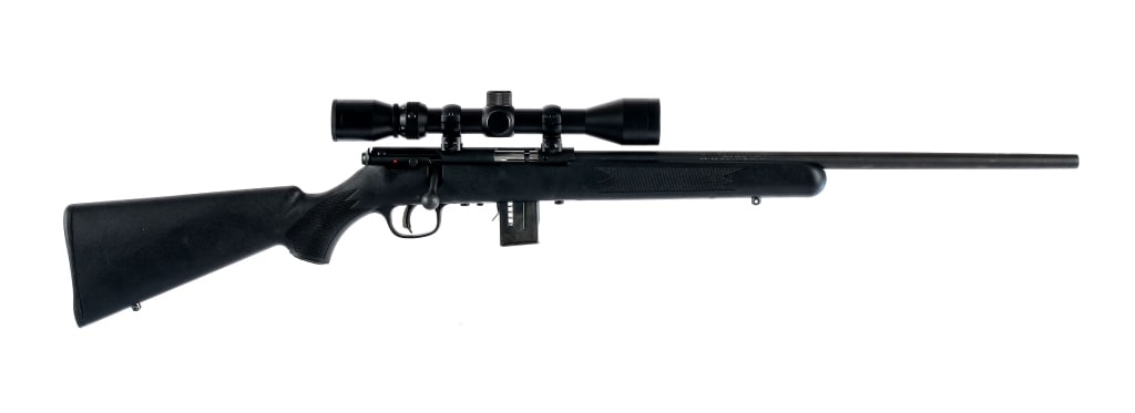 Savage 93R17 .17 HMR Bolt Action Rifle: Savage Arms Model 93R17 in 17 Hornady Magnum Rimfire with one, ten round removable magazine and a 20.5" barrel. Checkered composite stock. Blued trigger, receiver, bolt and barrel. Magwell located mag