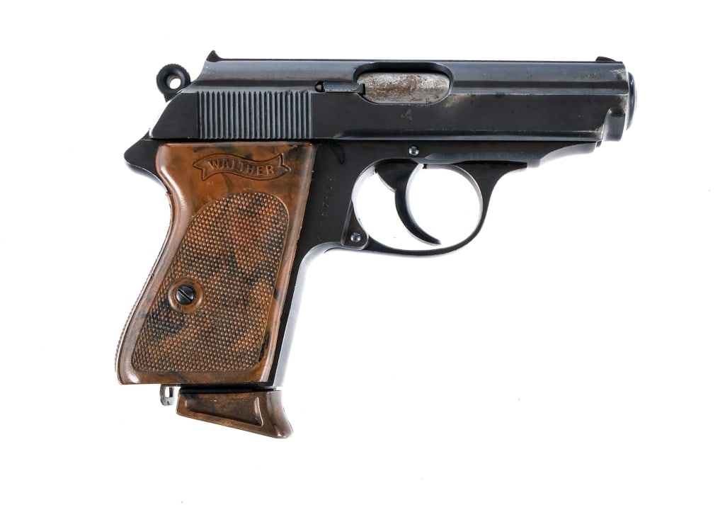 Walther PPK .32 ACP Semi Auto Pistol: Walther PPK chambered in .32 ACP with one, seven round removable magazine and a 3.25" barrel. Made in Germany in 1941. Blued steel frame with lanyard loop and checkered Walther Bakelite grips. Checker