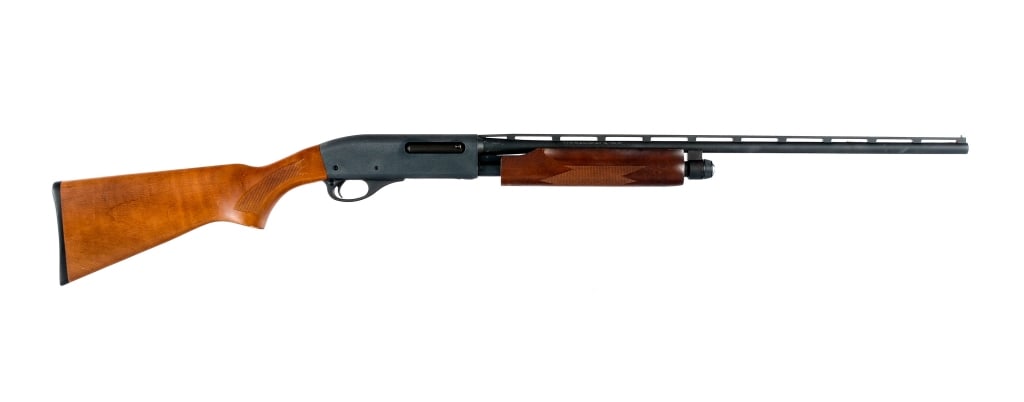 Remington 870 Express .410 Ga Pump Shotgun: Remington 870 Express in .410 gauge with a four round capacity and a 25" FULL fixed choke top rib vented barrel. Checkered wood stock and front forend. Blued receiver and barrel. Trigger guard located