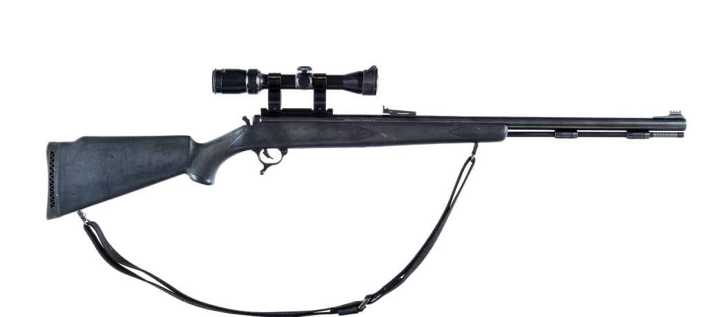 Thompson Center Omega .50 BP Rifle: Thompson Center Omega in .50 caliber with a single round capacity and a 28" barrel. Checkered composite stock. Blued trigger, hammer and barrel. Rear adjustable fiber optic and front fixed fiber optic