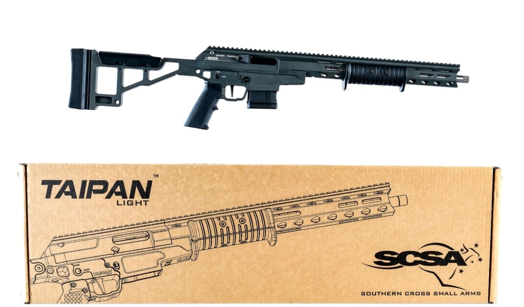 SCSA Taipan X .223 Rem Pump Action Rifle: Southern Cross Small Arms Taipan X in 223 Remington with one, ten round removable magazine and a 17.5" threaded barrel. Alloy stock and receiver with anodized finish. Stainless steel barrel with knurl