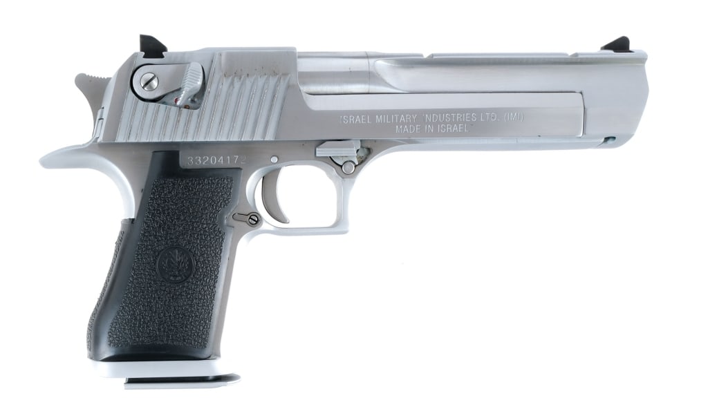IMI Magnum Research Desert Eagle .50 AE Pistol: Israel Military Industries Desert Eagle chambered in .50 Action Express with one, seven round magazine and a 6" railed barrel. Imported by Magnum Research. Stainless steel frame with textured polymer
