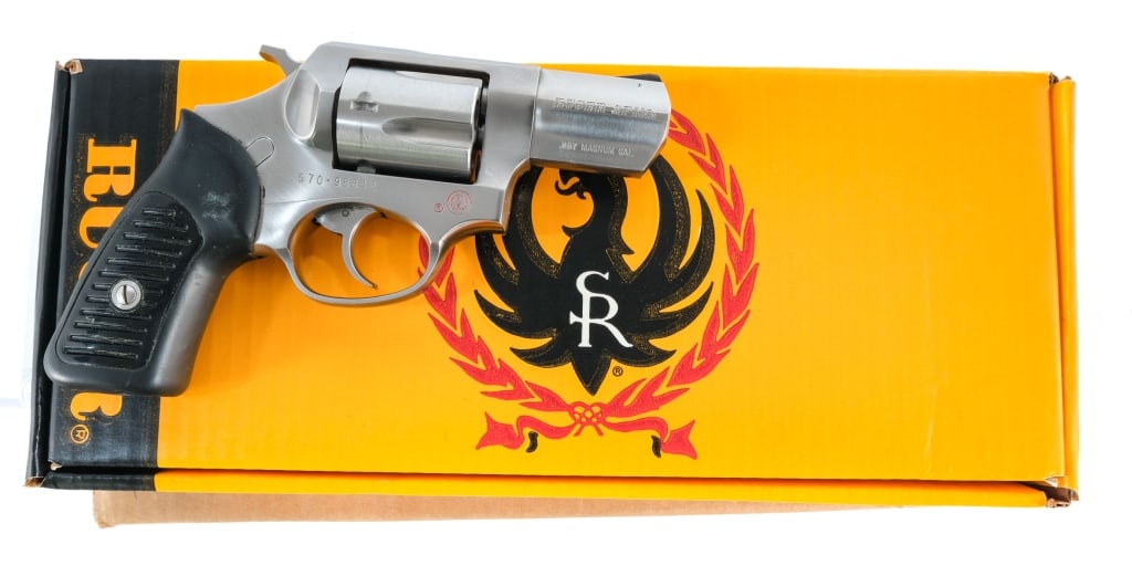 Ruger SP101 .357 Mag Revolver: Ruger SP101 in .357 Magnum with a five round capacity and a 2.25" barrel. Made in Southport Connecticut in 1992. Serrated composite and rubber grip. Polished stainless steel trigger, knurled hammer, f