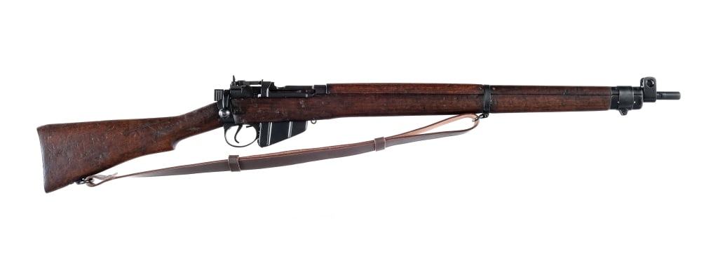 British Enfield No.4 MKI .303 Bolt Action Rifle: British Enfield No. 4 MKI chambered in .303 British with a ten round removable magazine and a 25.2" barrel. Imported by IO INC, marked on the barrel. Adjustable rear sight and protected front blade. M