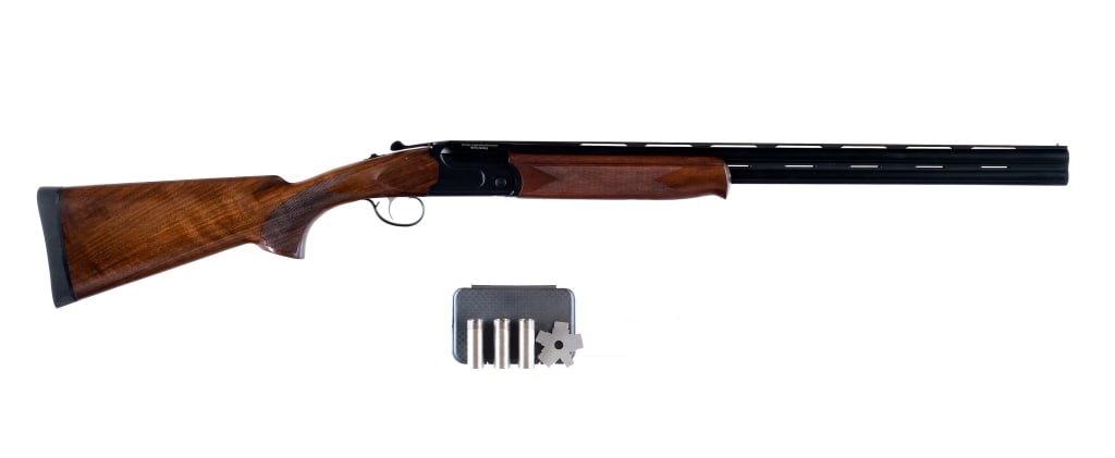 Savage/Stevens 555 20 Ga O/U Shotgun: Savage/Stevens model 555 chambered in 20 Gauge for 2 3/4" and 3" shells with 26" vented rib over/under barrels. Manufactured in Turkey by KOFS. The top bore has a removable IM choke, and the bottom ha