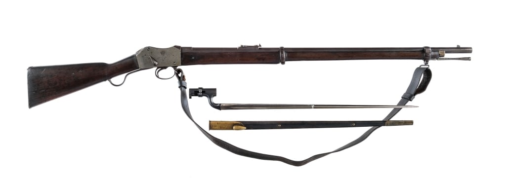 Nepal Martini Henry Enfield MK II .577/450 Rifle: Enfield Martini Henry MK II in .577/450 with a single round capacity and a 33" barrel. Nepalese marks throughout rifle and bayonet. Receiver date of 1878. Rifle has barrel proof NNESP that means-Nativ